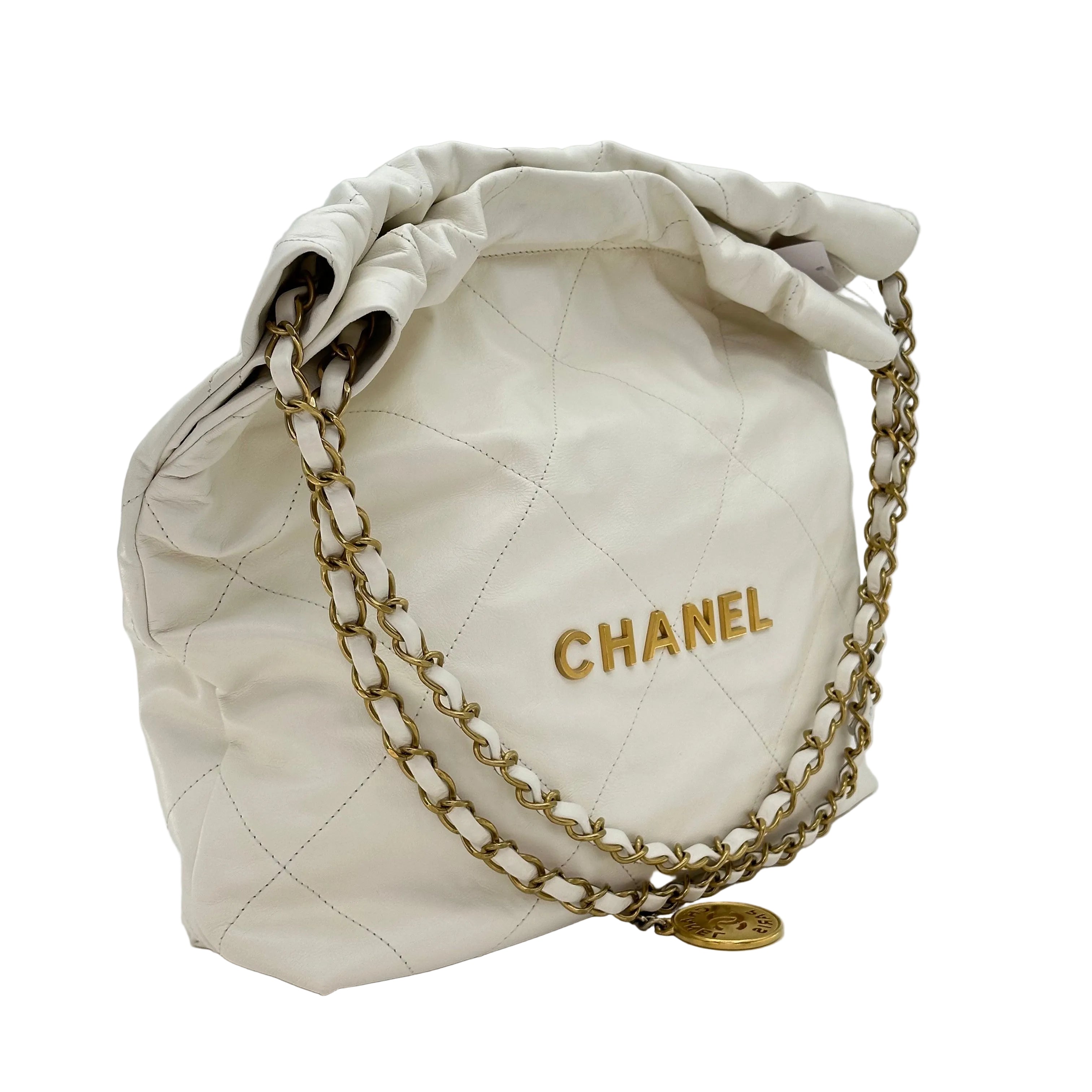 CHANEL 22 Small AS3260 Shiny Calfskin White Gold Hardware Chain Shoulder Bag