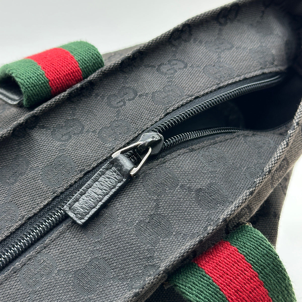 Gucci GG Canvas Leather Black Web Stripe Tote Bag