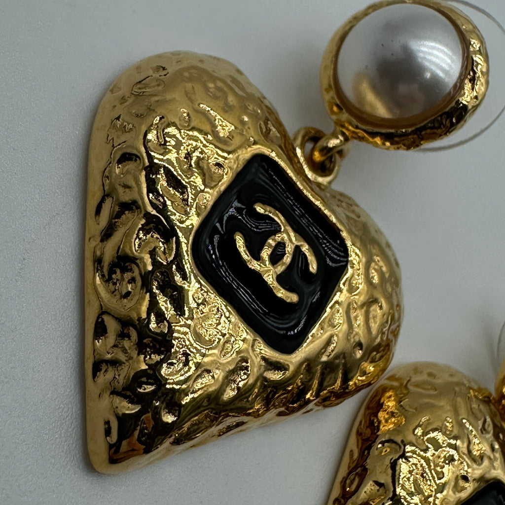 Chanel Gold-Tone Black Enamel CC Logo Faux Pearl Heart Drop Earrings