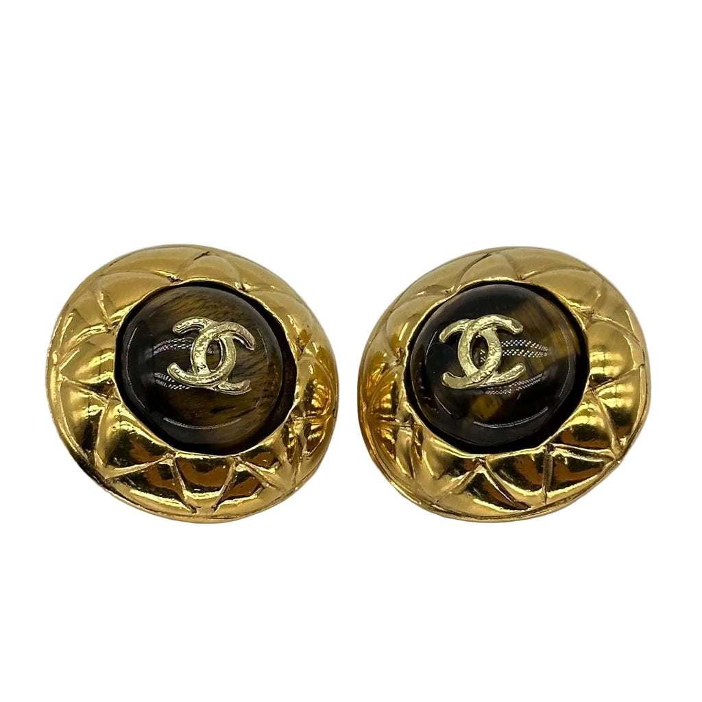 CHANEL Earrings Coco Mark Metal/Stone Gold/Brown Women's Free Shipping