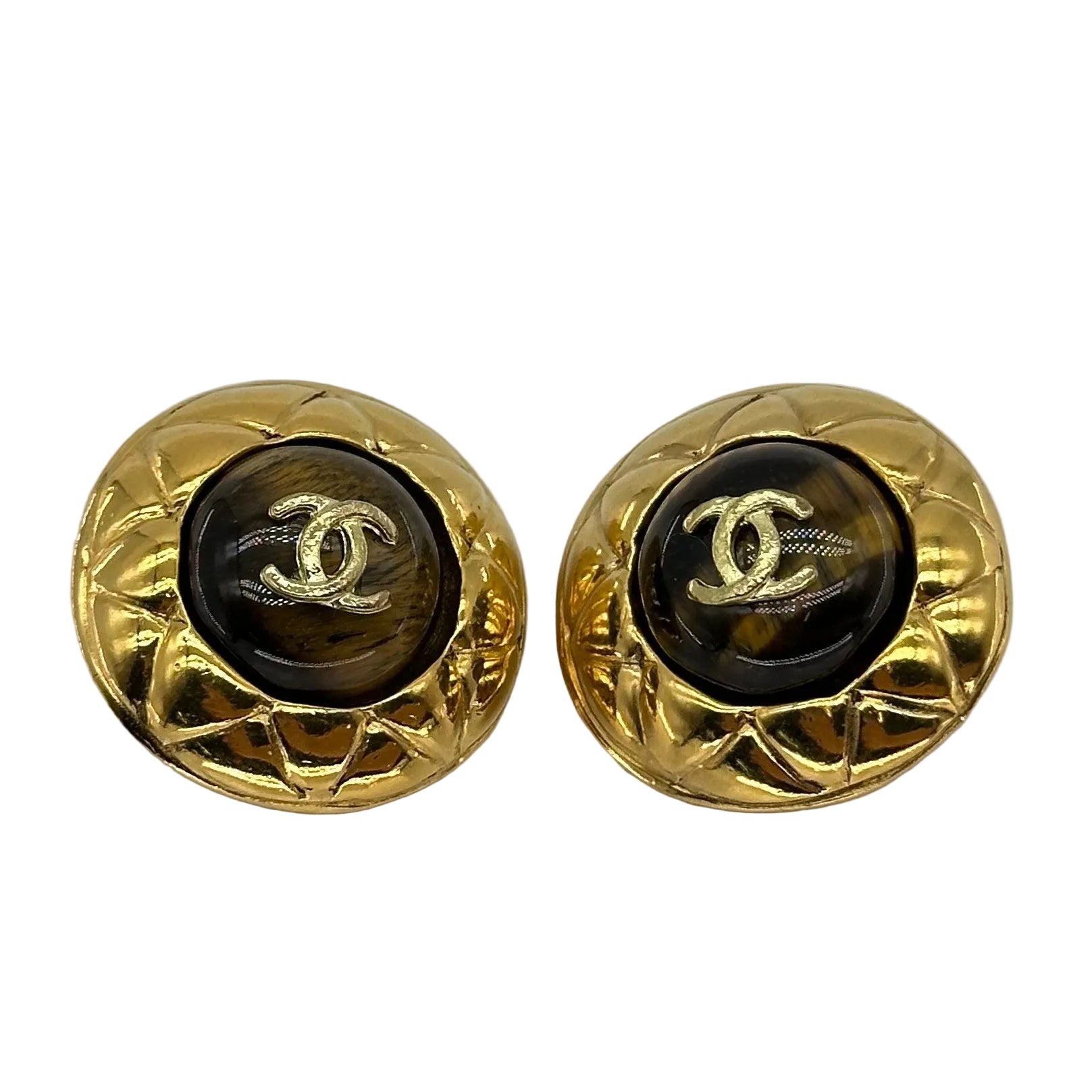 CHANEL Earrings Coco Mark Metal/Stone Gold/Brown Women's Free Shipping