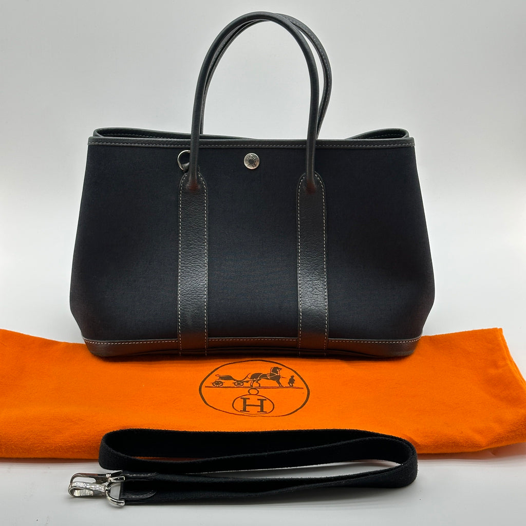 Hermes Garden Party TPM Black Canvas Leather Shoulder Bag