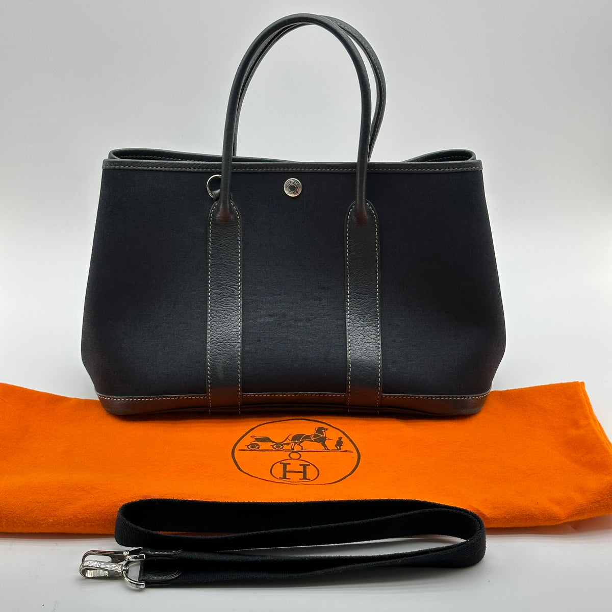 Hermes Garden Party TPM Black Canvas Leather Shoulder Bag