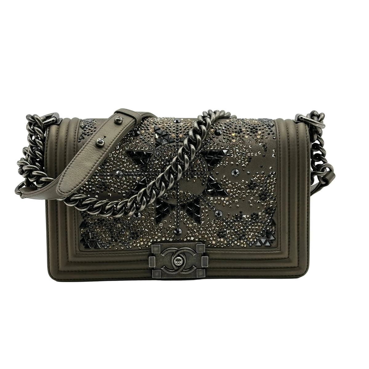 Chanel BOY CHANEL 25 Lambskin x rhinestone Chain Shoulder Bag Brown Gunmetal Fittings 23082107 23XXXXXX A67086