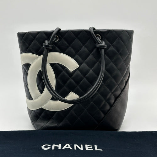 Chanel Cambon Line Lambskin Tote bag Black × White Silver Metal Fittings