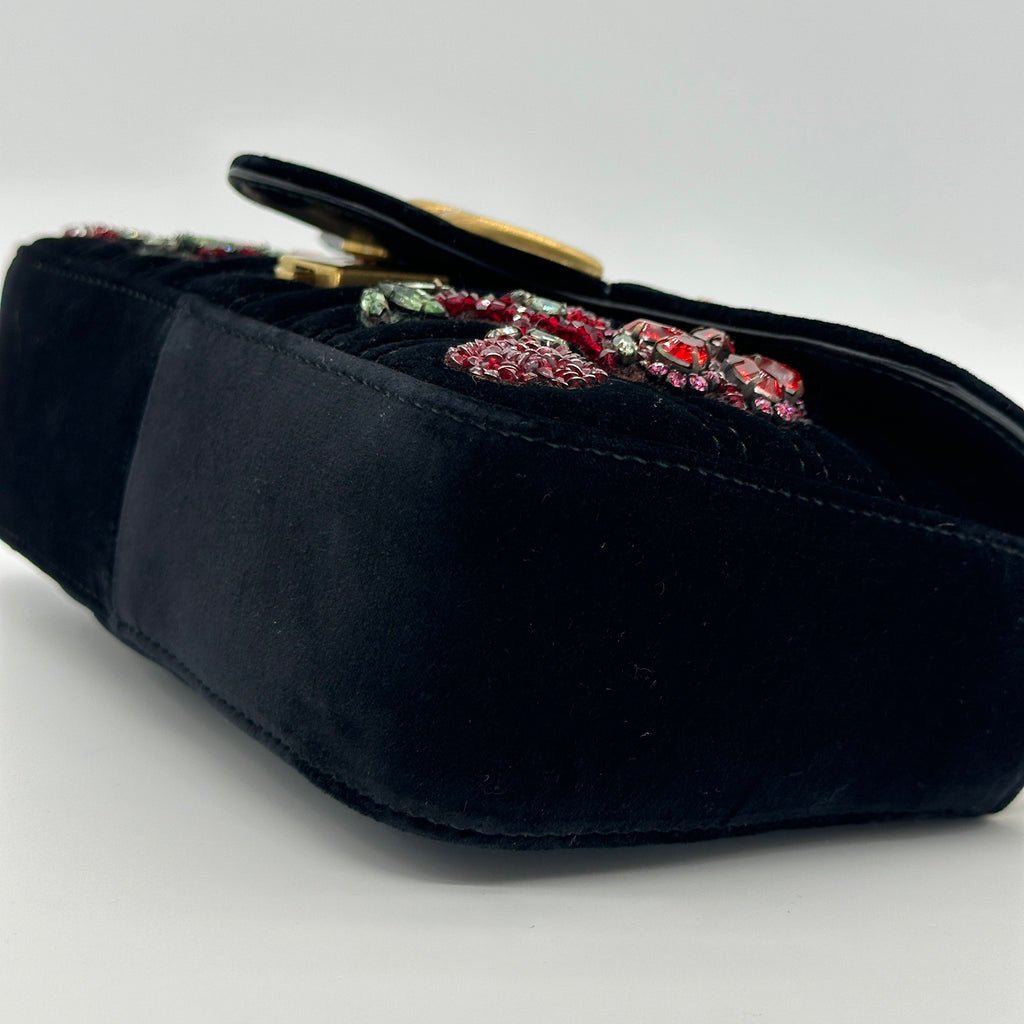 Gucci GG Marmont Floral Embroidered Velvet Black Shoulder Bag