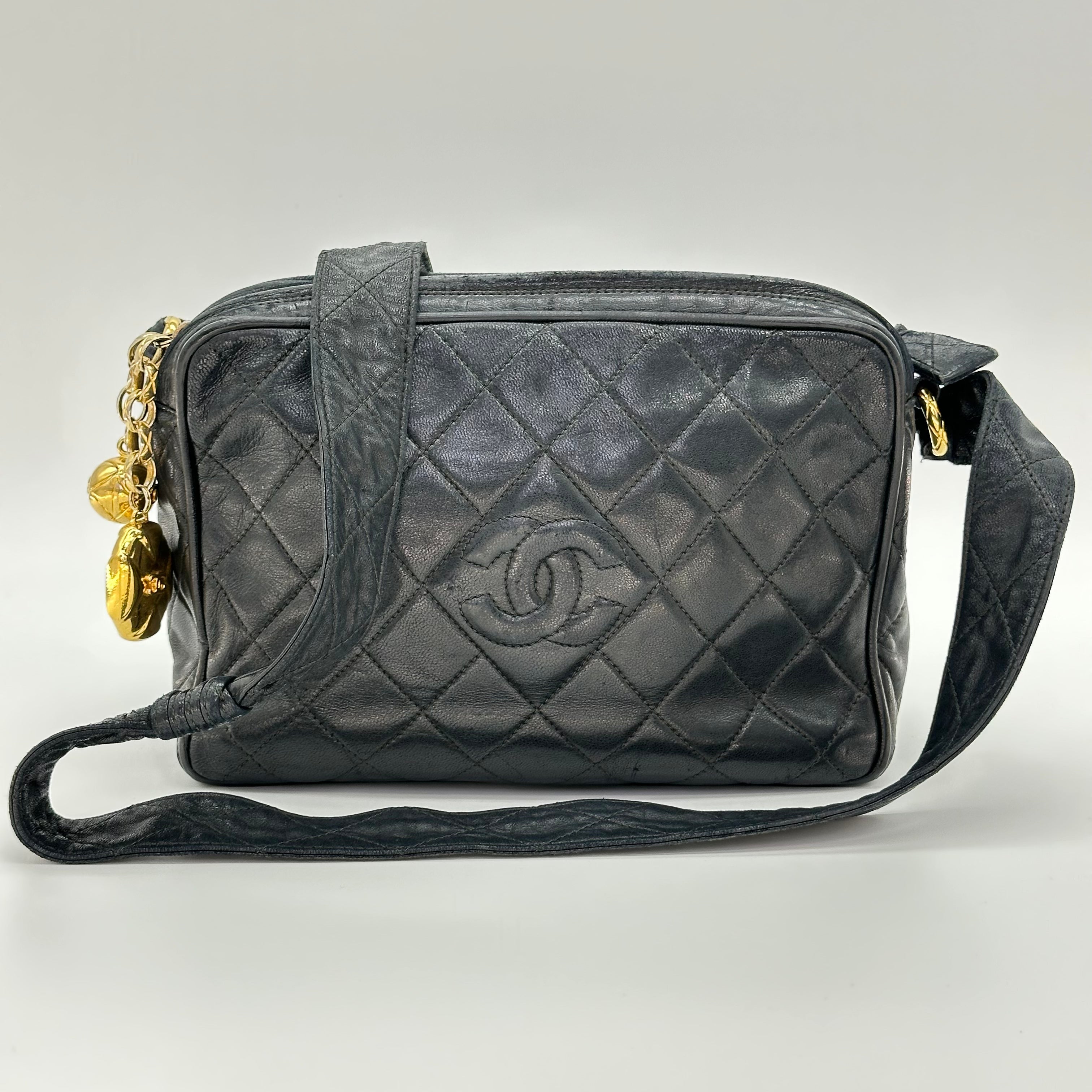 CHANEL Matelassé 2nd Series Camera Bag Lambskin Black Gold Hardware Charm Shoulder Bag