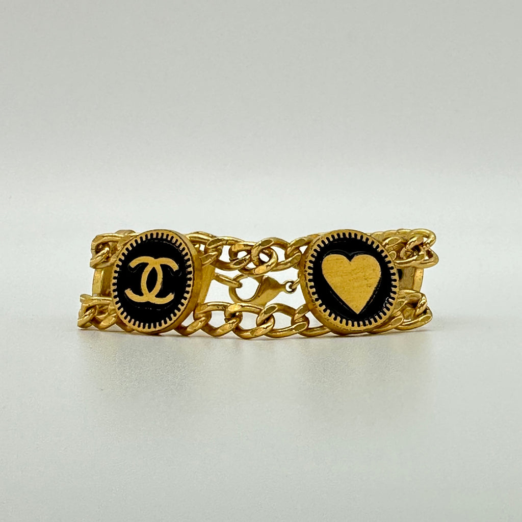 Chanel Vintage Gold Plated CC Heart Star Black Coin Bracelet