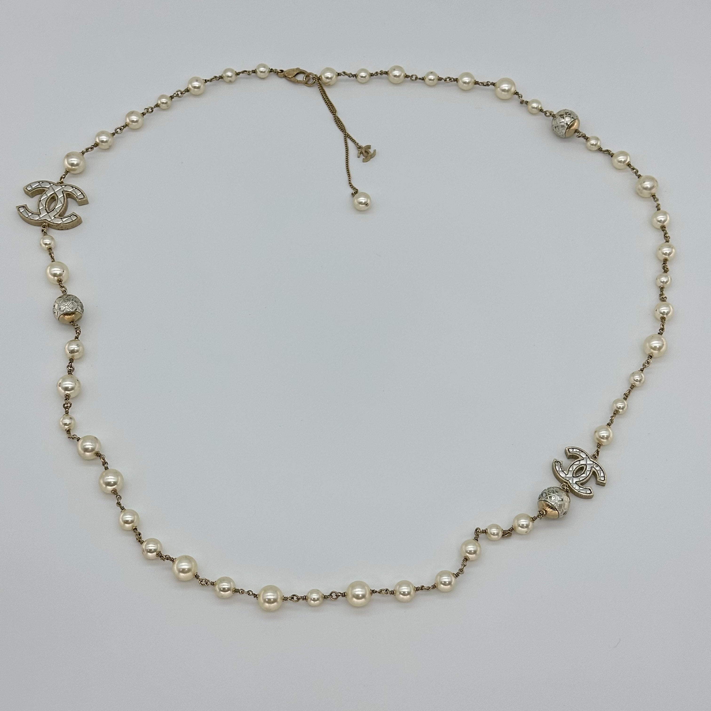 Chanel Double C Pearl Sweater Chain Necklace
