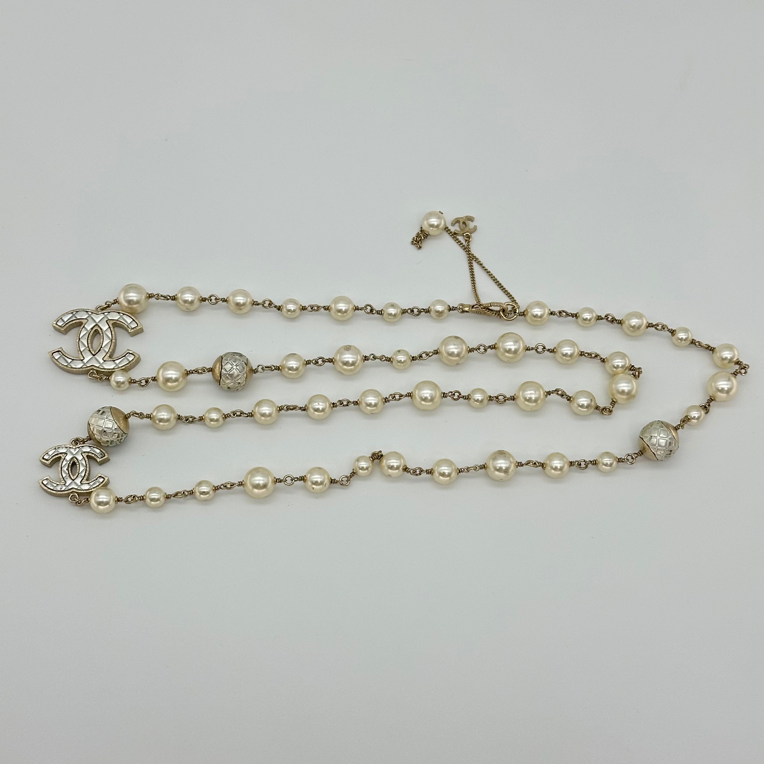 Chanel Double C Pearl Sweater Chain Necklace