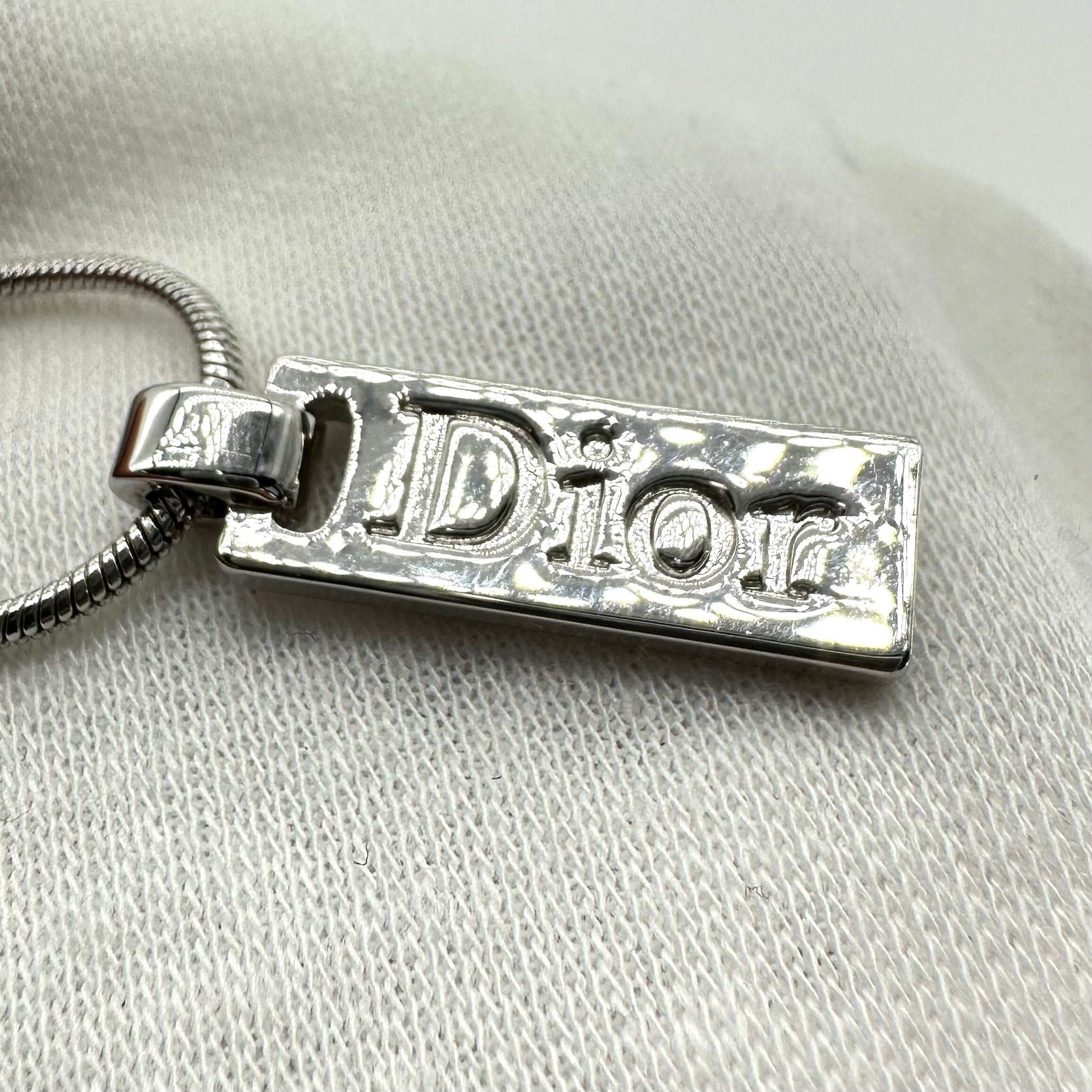 Christian Dior Logo Plate Necklace Silver Tone