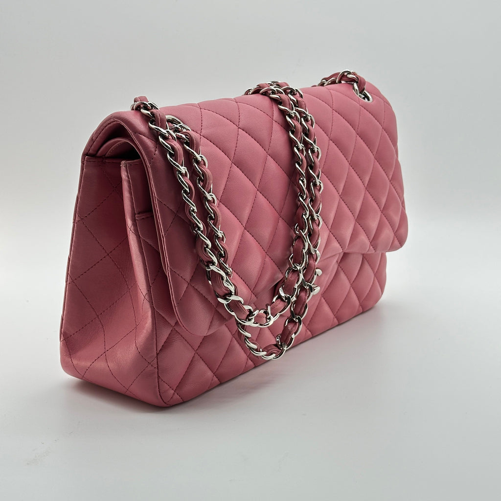 chanel lambskin pink leather classic flap bag  Jumbo Double Flap crossbody