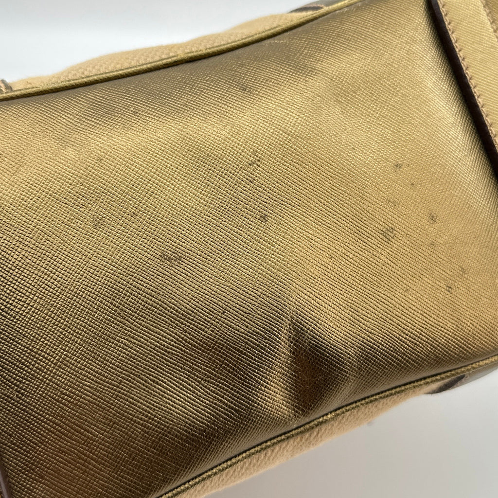 Prada Saffiano Trimmed Gold Bowling Handle Bag Gold Hardware