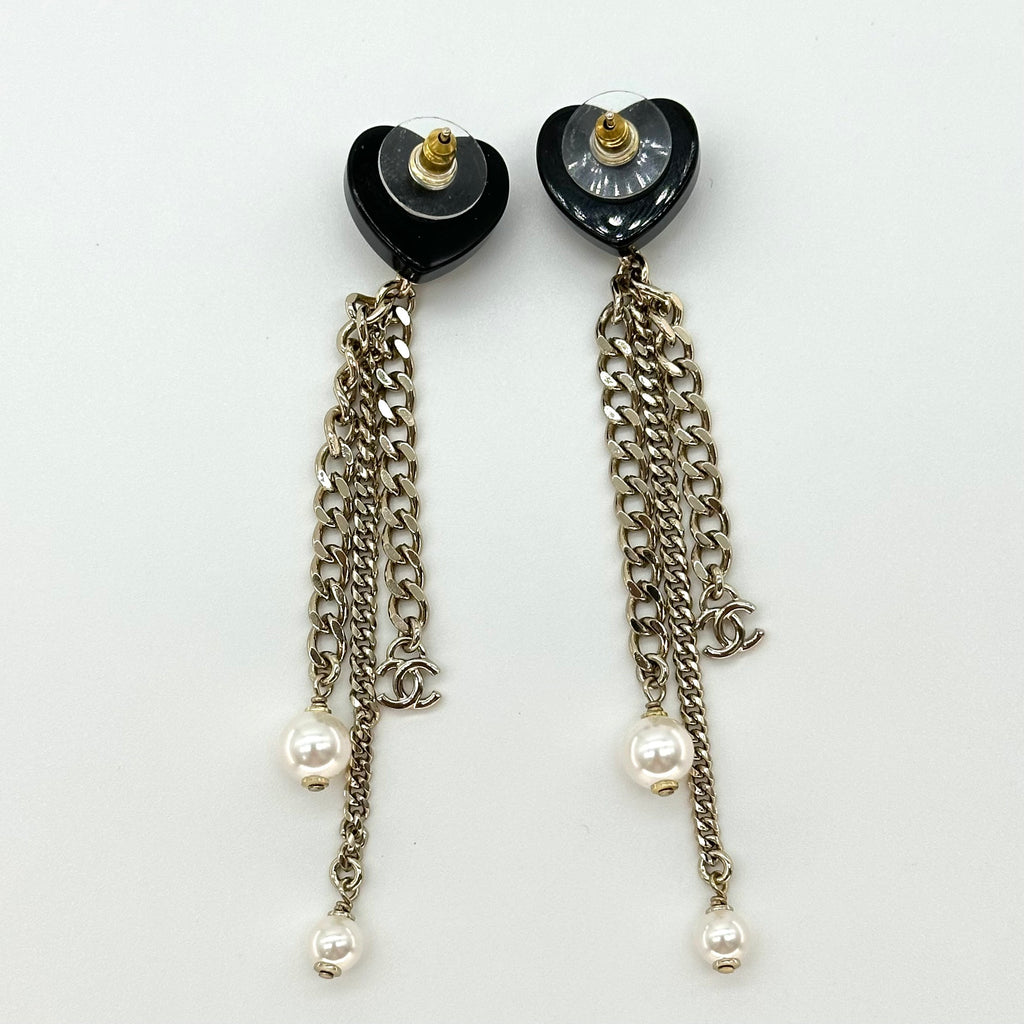 Chanel Black Heart Rhinestone Double CC Tassel Chain Pearl Stud Earrings