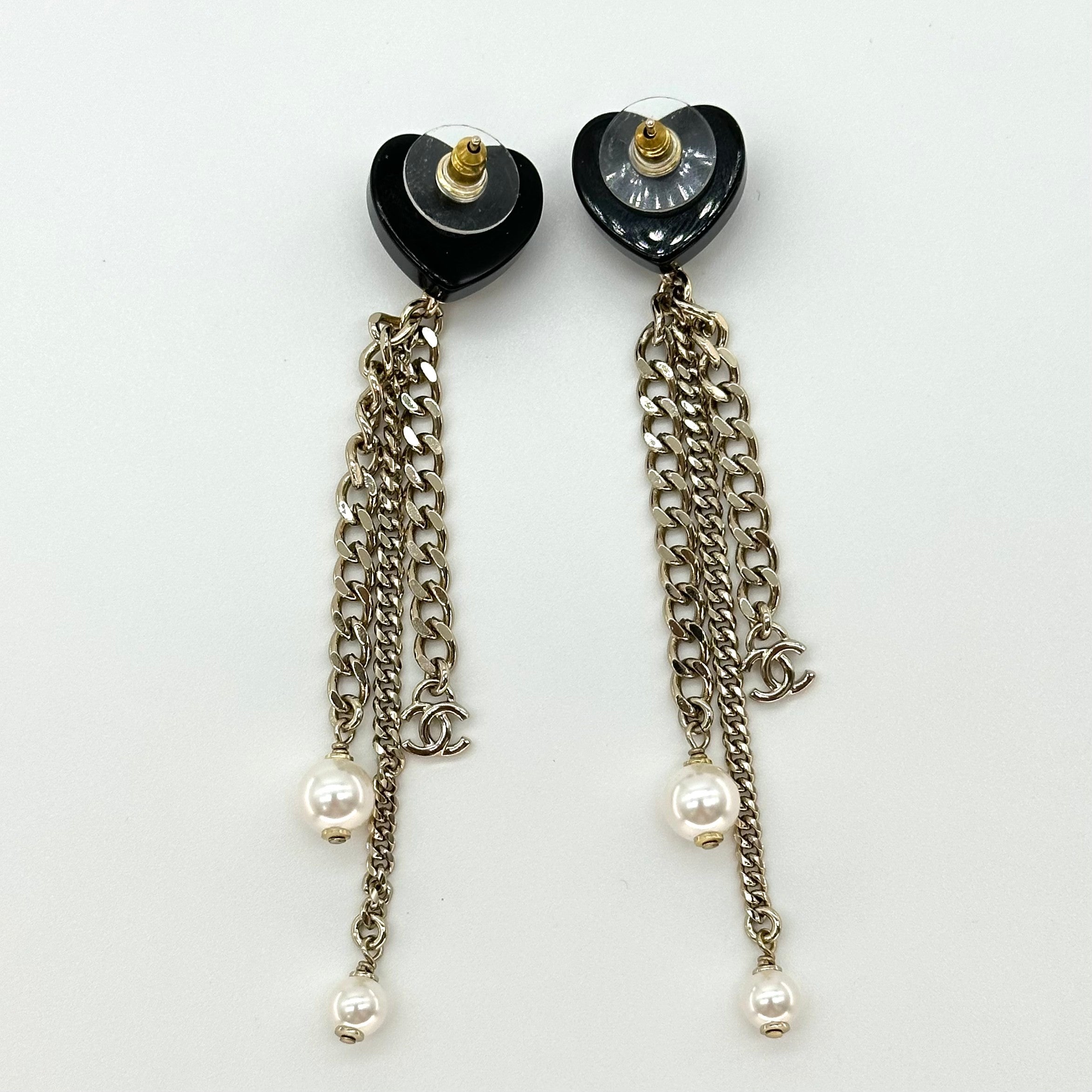 Chanel Black Heart Rhinestone Double CC Tassel Chain Pearl Stud Earrings