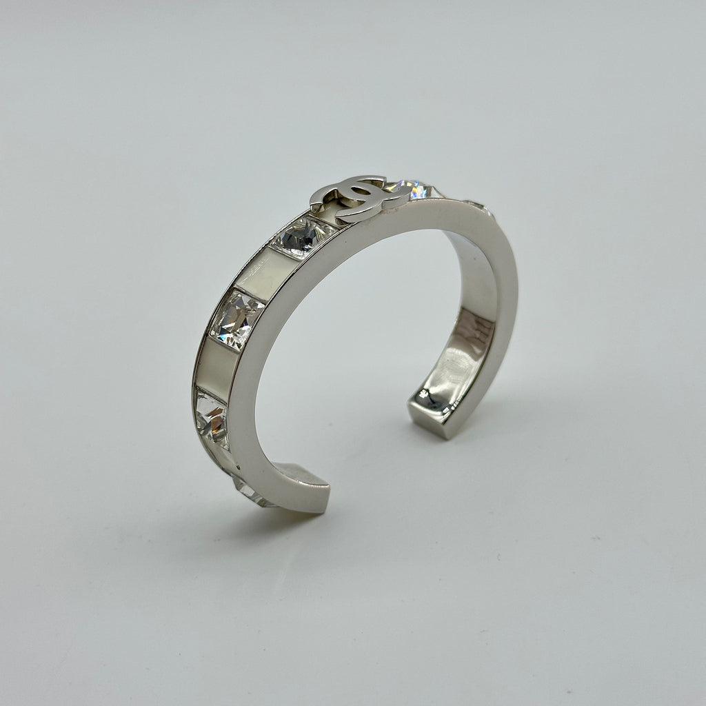 Chanel Silver White Enamel Crystal Coco Mark Bangle Bracelet