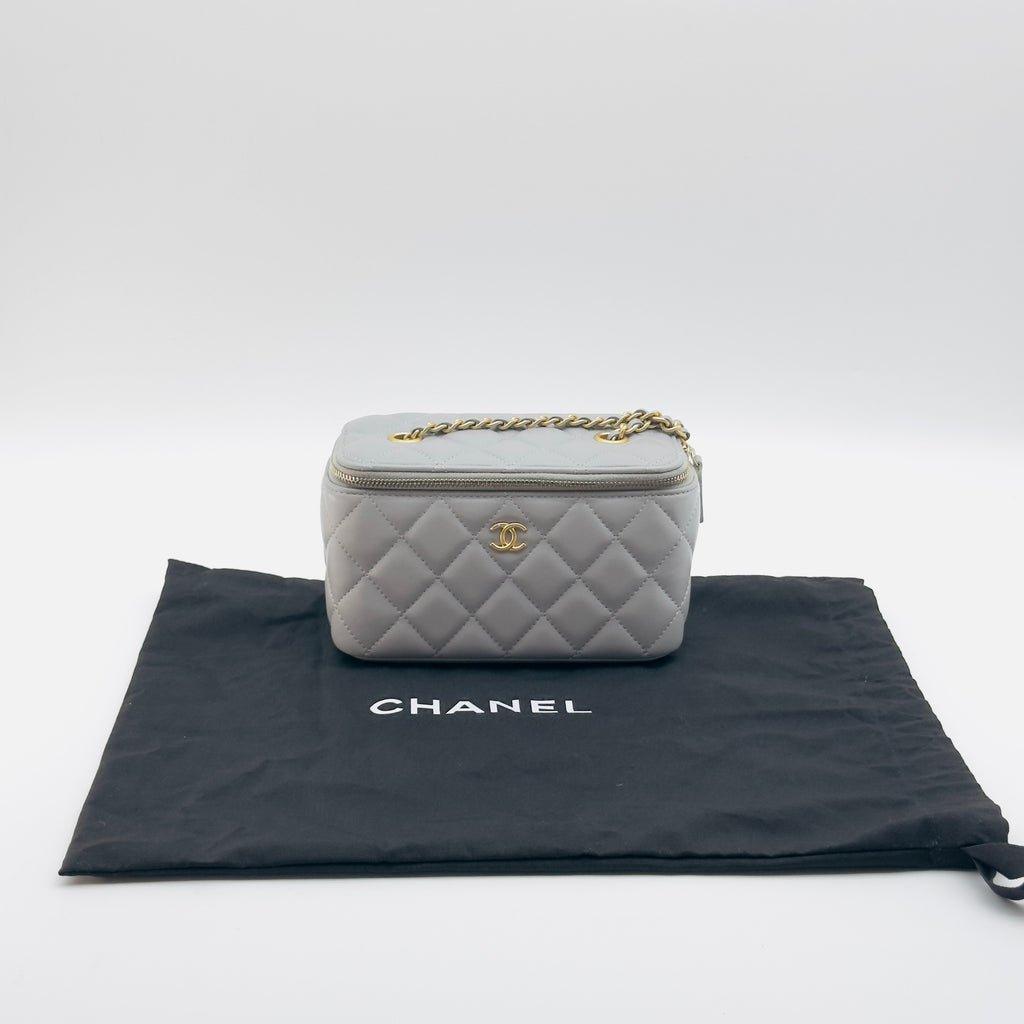 Chanel Quilted Lambskin CC Vanity Case Mini Gray Chain Shoulder Bag