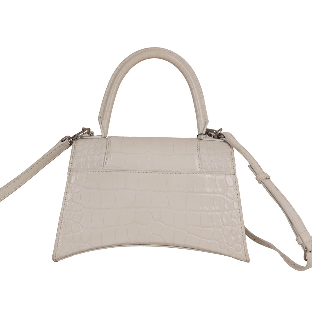 White Croc Embossed Leather Small Hourglass Top Handle Bag w/ Strap