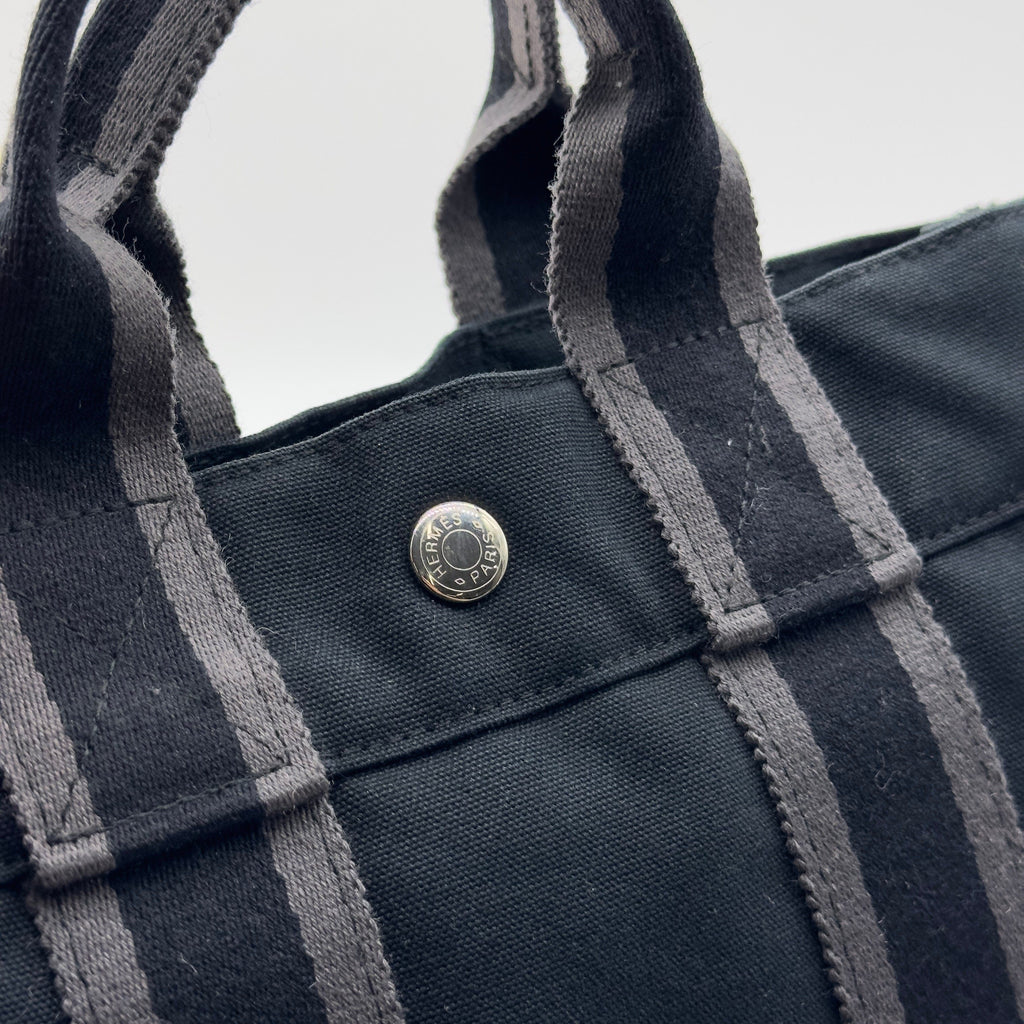 Hermes Striped Canvas Fourre Tout PM Black Tote Bag