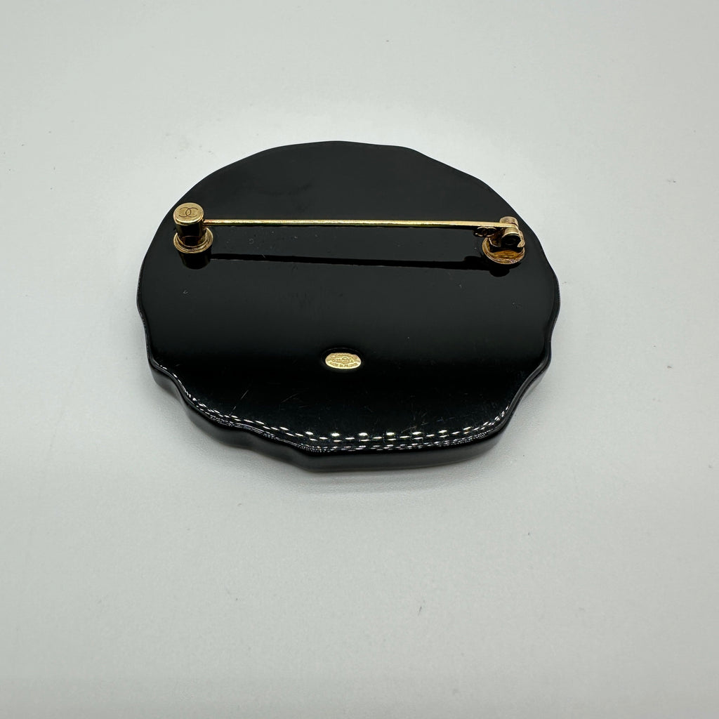 Chanel CC Logo Yellow Blue Enamel Gold-Tone Round Brooch