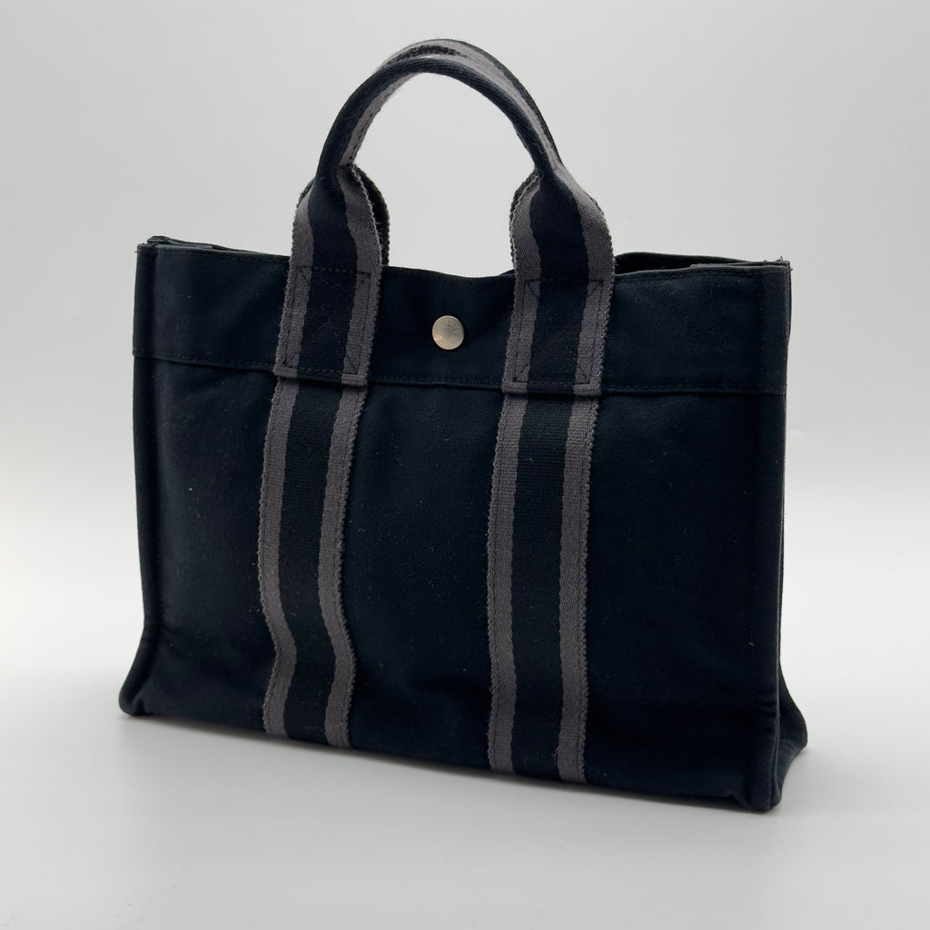 Hermes Striped Canvas Fourre Tout PM Black Tote Bag
