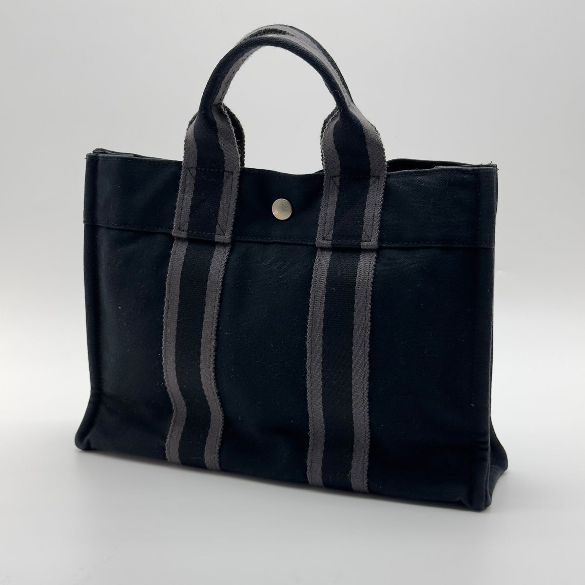 Hermes Striped Canvas Fourre Tout PM Black Tote Bag