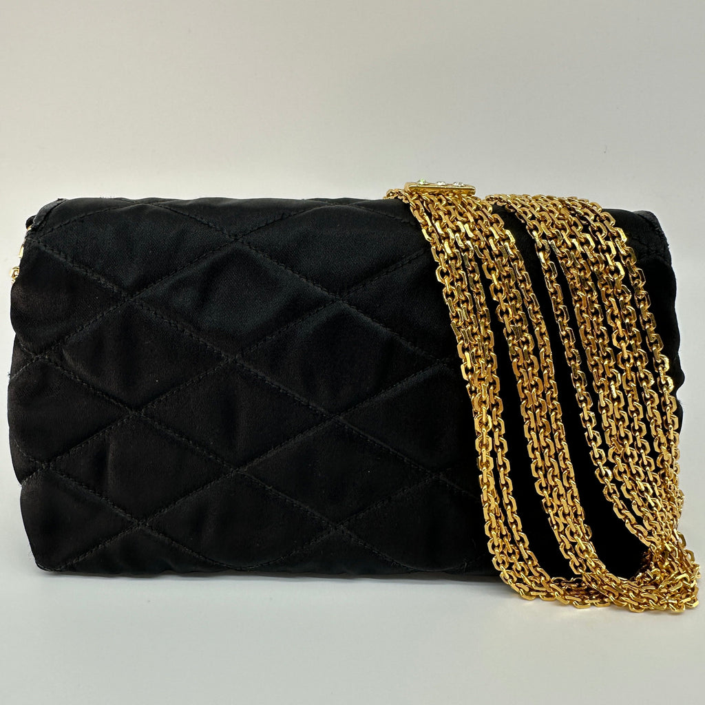 Chanel Matelasse Satin Chain Shoulder Bag Black Gold Metal Fittings