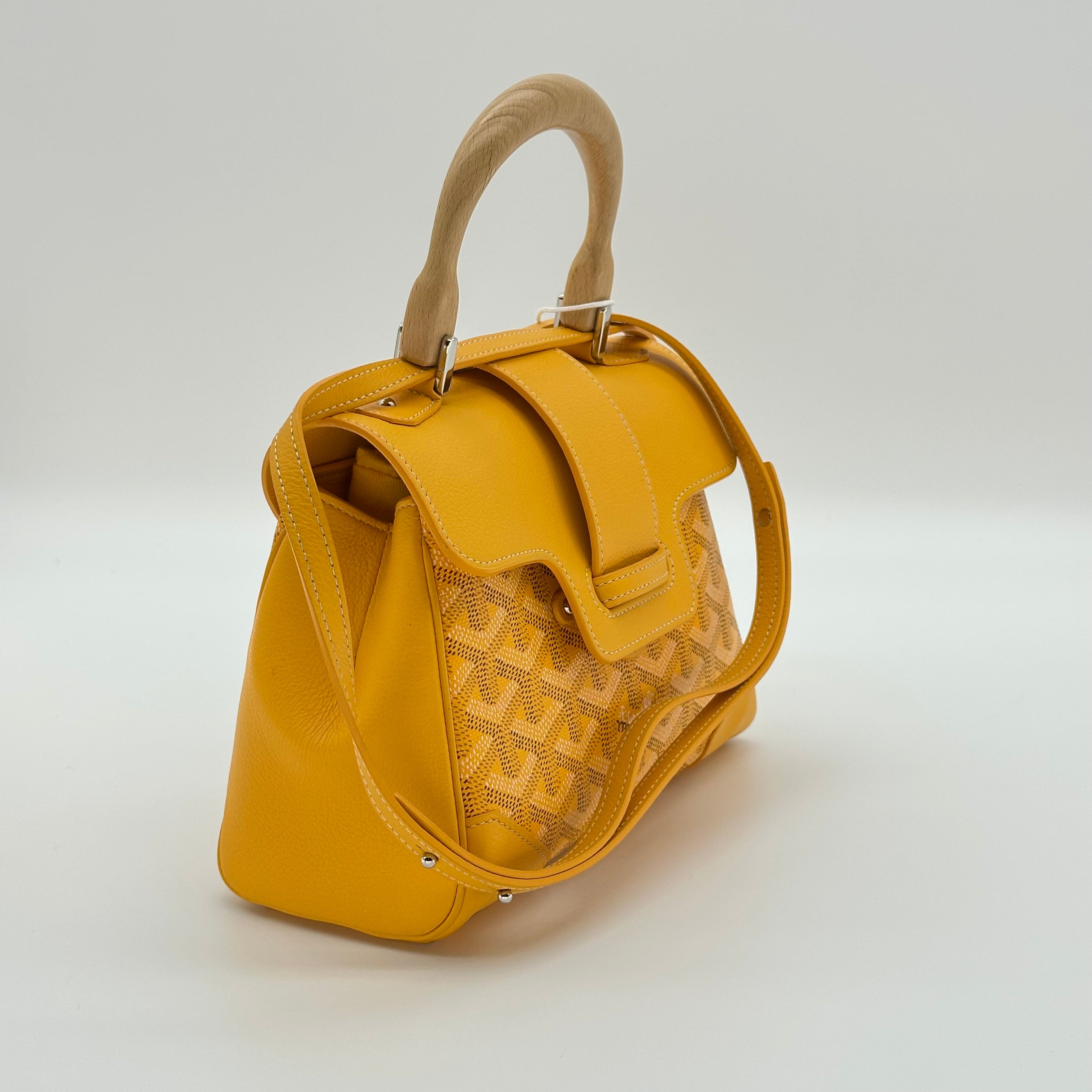 Goyard Saigon Mini Soft Wooden Handle Handbag Canvas and Leather 2-Way Shoulder Bag Yellow