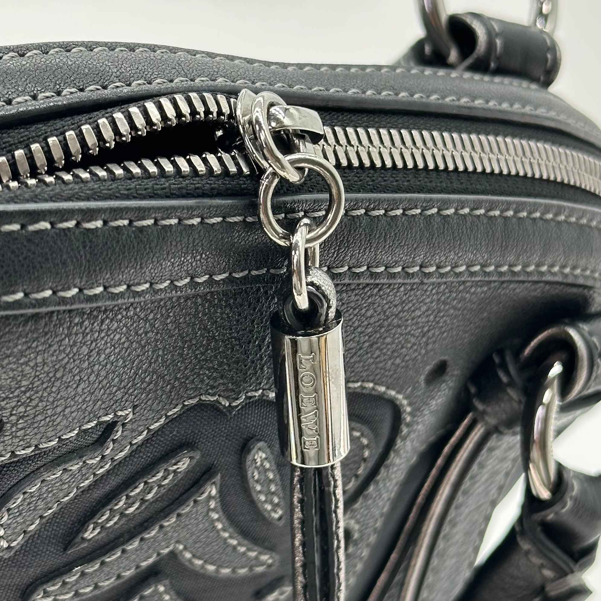 LOEWE Handbag Leather Nylon Black Silver Hardware