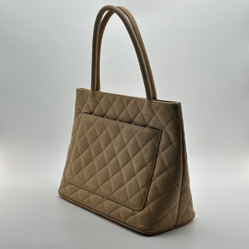 chanel beige quilted caviar leather medallion tote bag