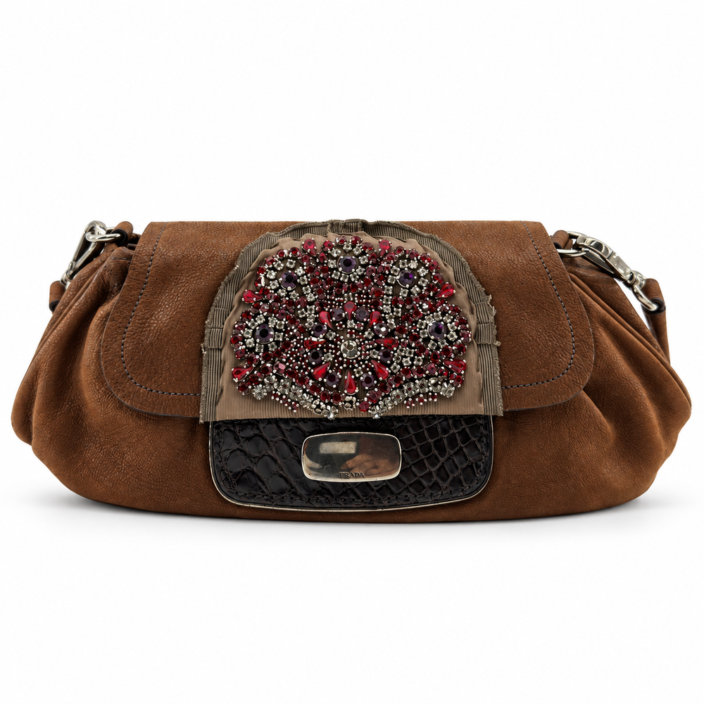 PRADA Jeweled Antic Skipper Bruciato Shoulder Bag