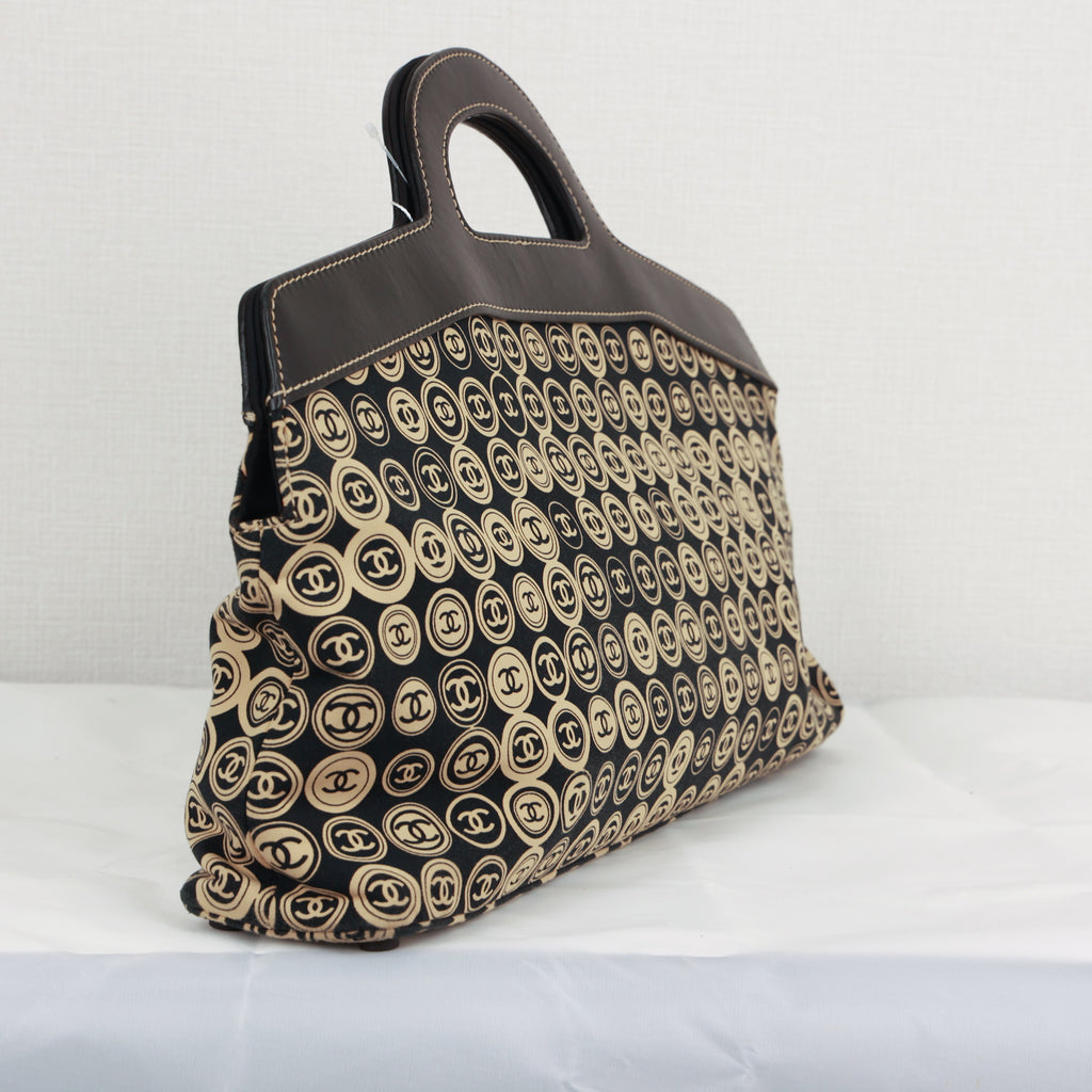 Chanel Coco Mark handbag Jersey Calfskin Printed Large Frame Handle Bag Beige Black 8 series