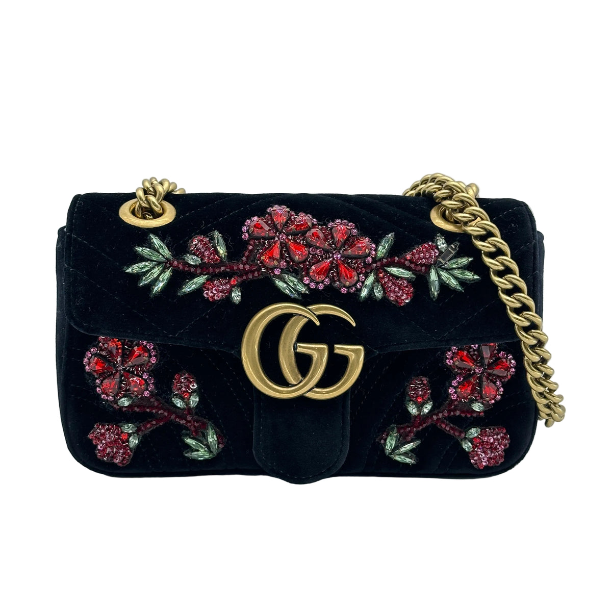Gucci GG Marmont Floral Embroidered Velvet Black Shoulder Bag