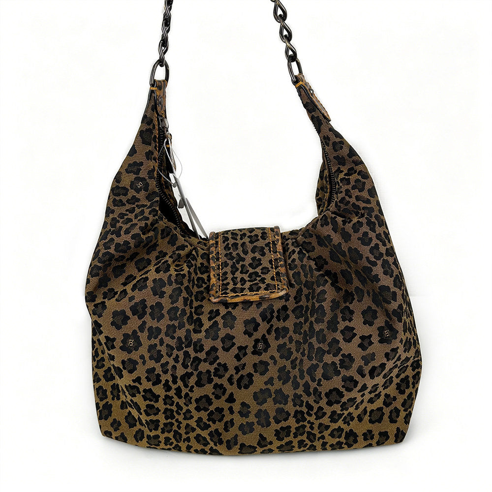 Fendi Leopard Print Canvas Shoulder Bag with Leather Chain Strap
