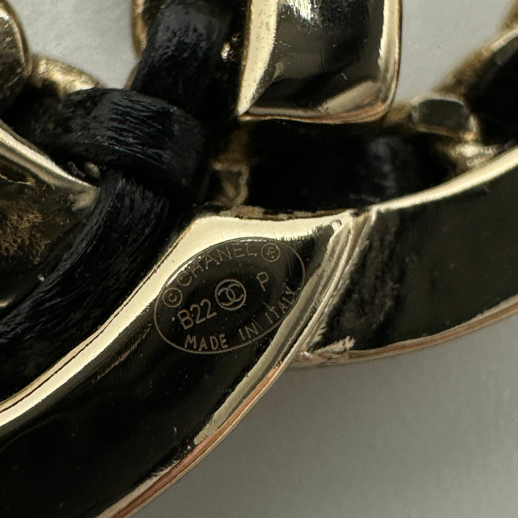 Chanel Gold-Tone Black Leather Woven Chain CC Pendant Necklace