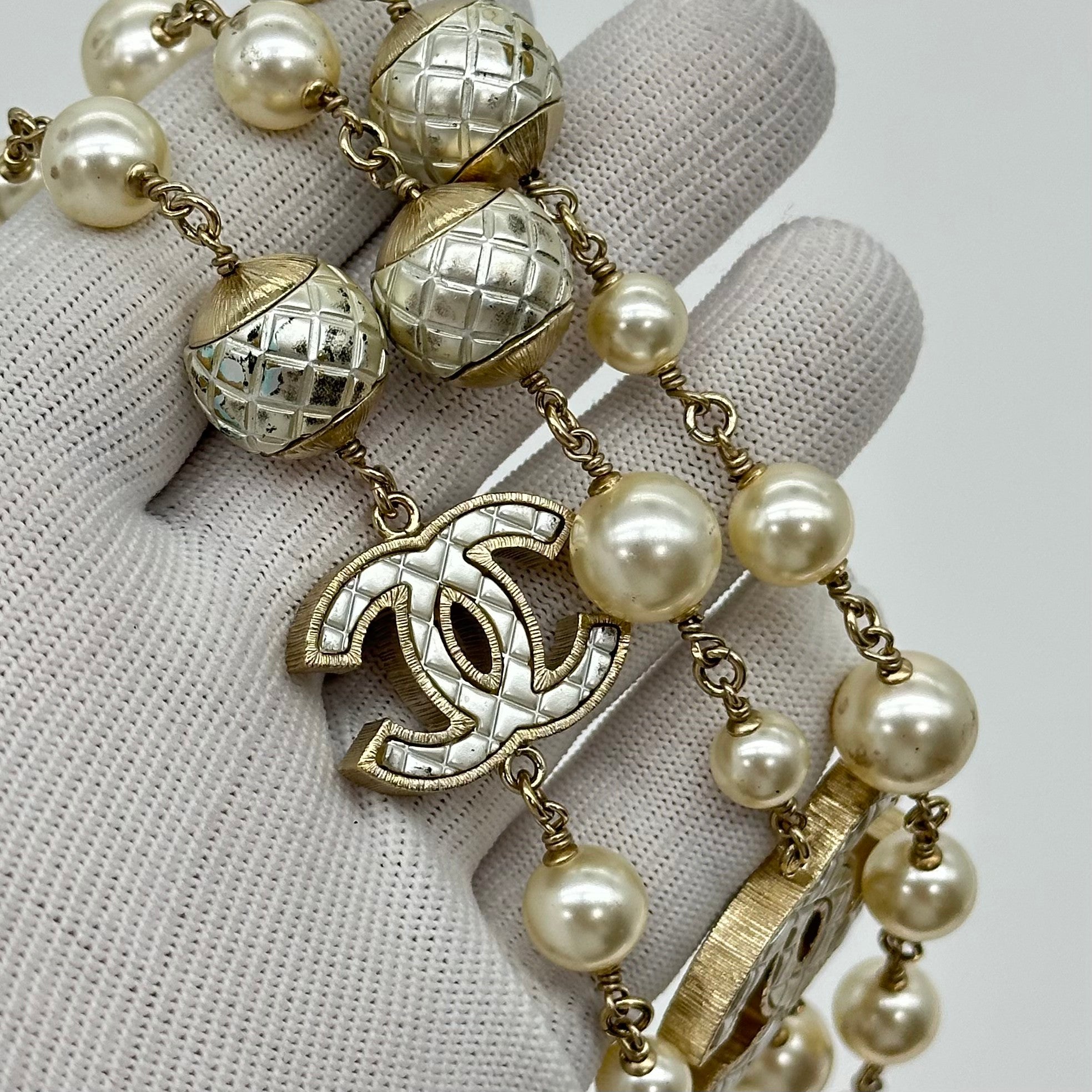 Chanel Double C Pearl Sweater Chain Necklace