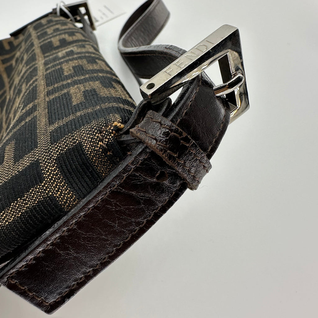 Fendi FF Logo Zucca Shoulder Crossbody Bag Brown Canvas Leather Vintage