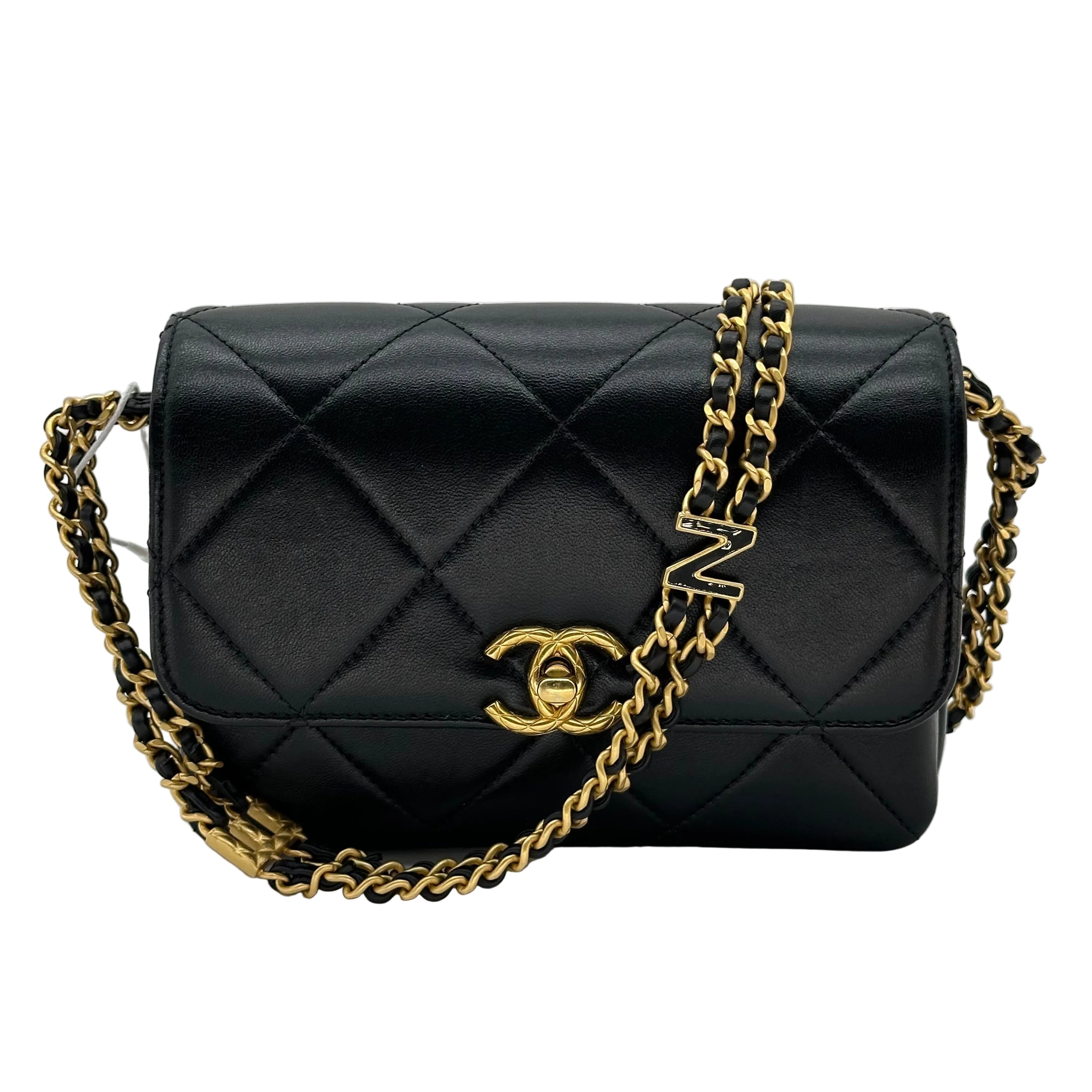 Chanel 24S Lambskin Double Chain Square Flap Bag Enamel Coco Logo Black Gold Hardware RFID