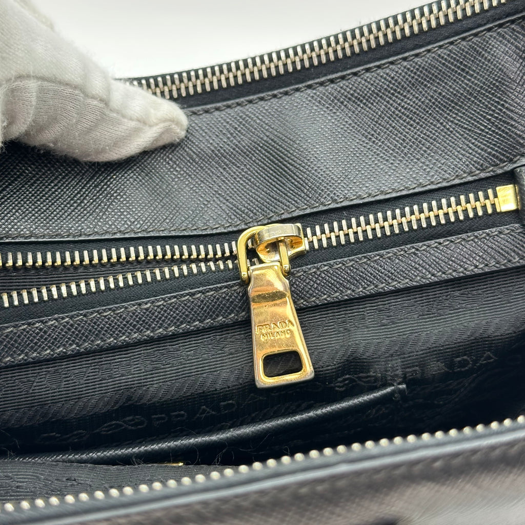 Prada Galleria Saffiano 2Way Handbag Shoulder Bag Black Gold