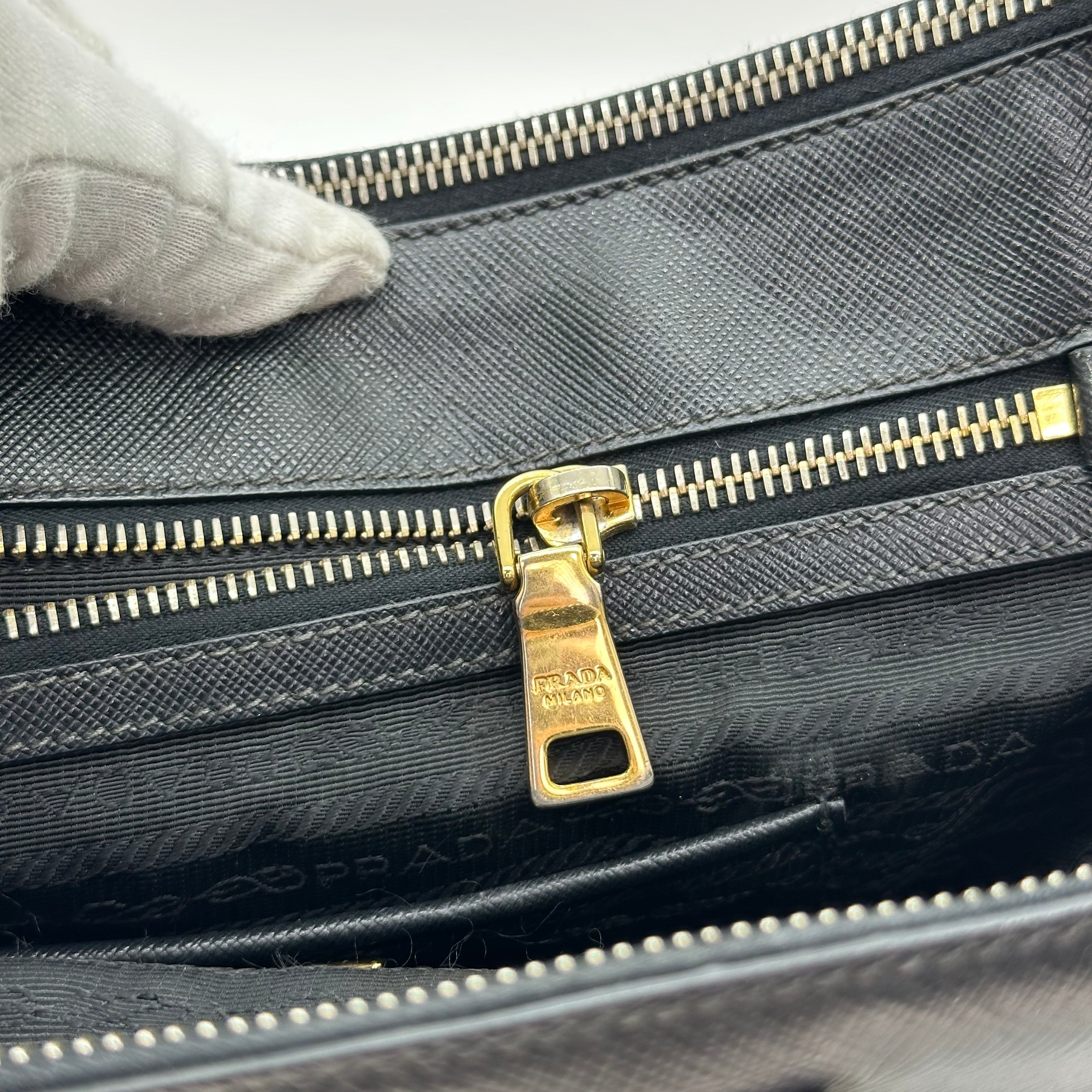 Prada Galleria Saffiano 2Way Handbag Shoulder Bag Black Gold