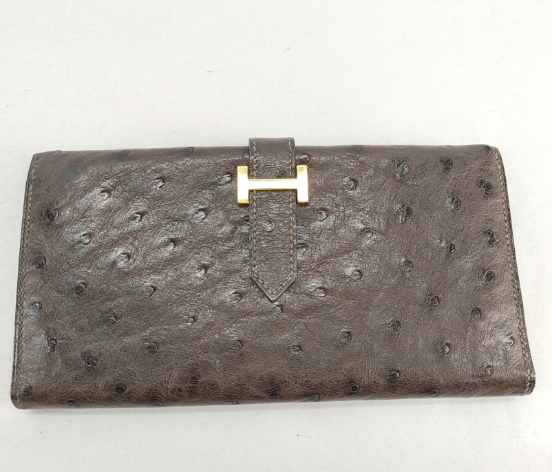 Hermes Ostrich Bearn Classic Brown Long Wallet