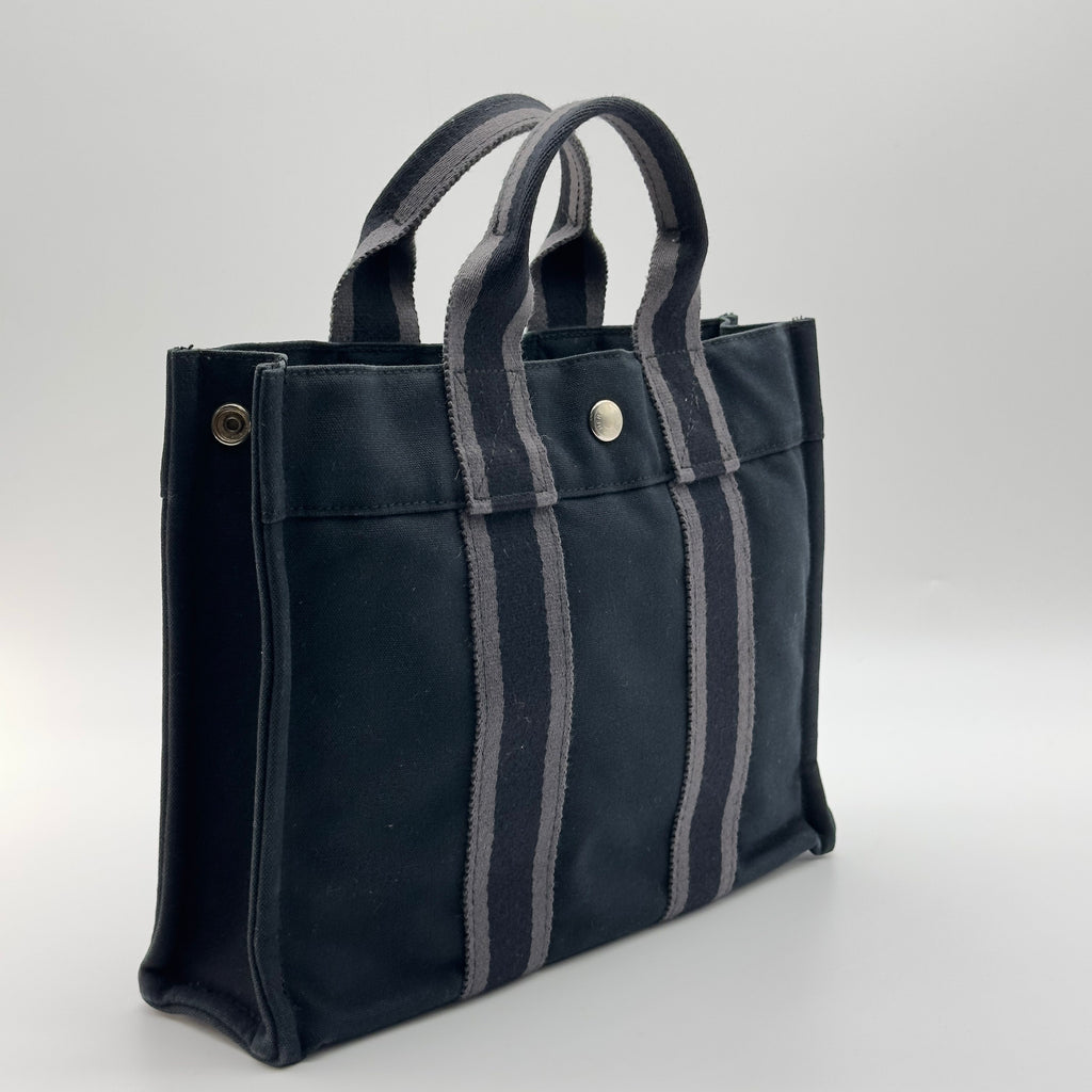 Hermes Striped Canvas Fourre Tout PM Black Tote Bag
