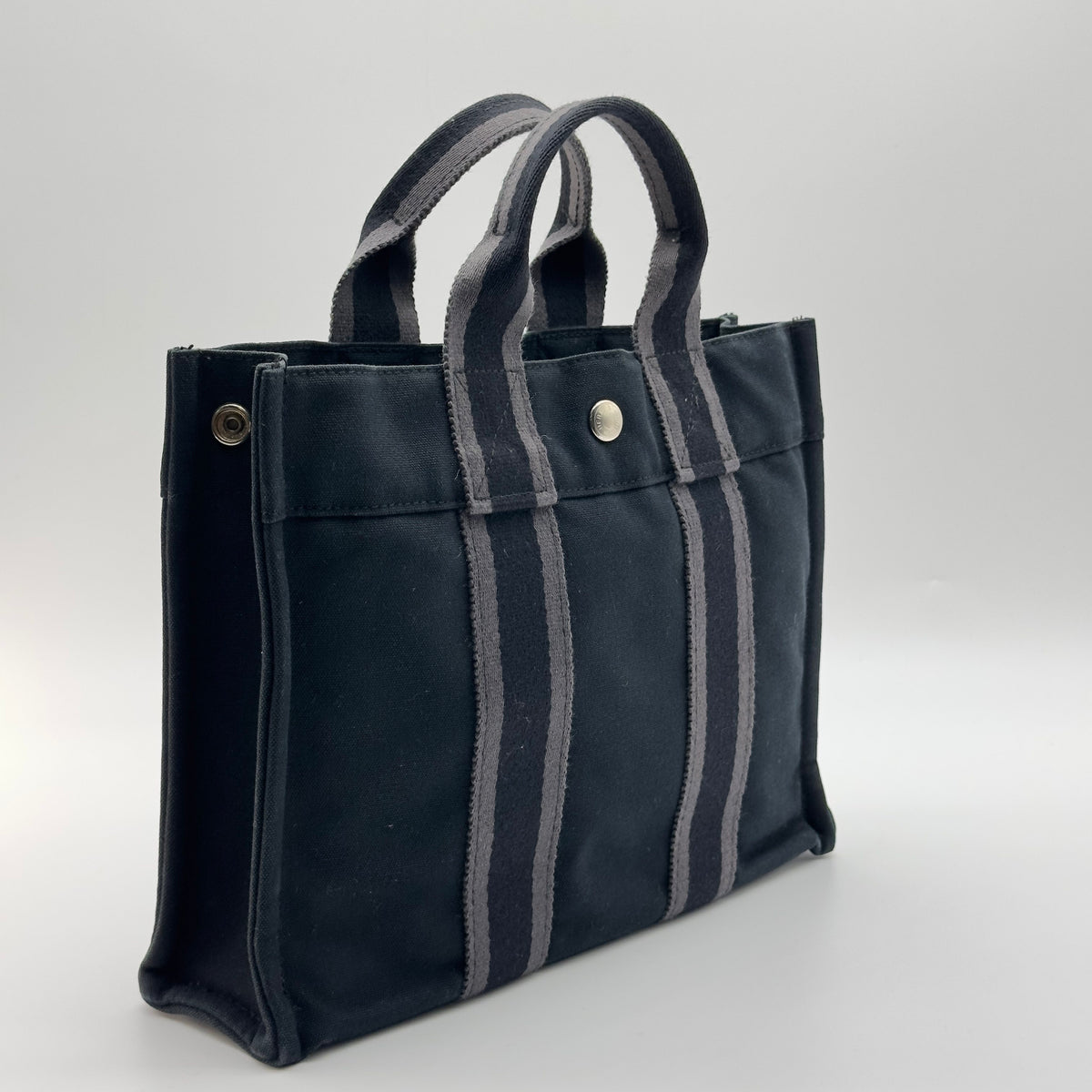Hermes Striped Canvas Fourre Tout PM Black Tote Bag