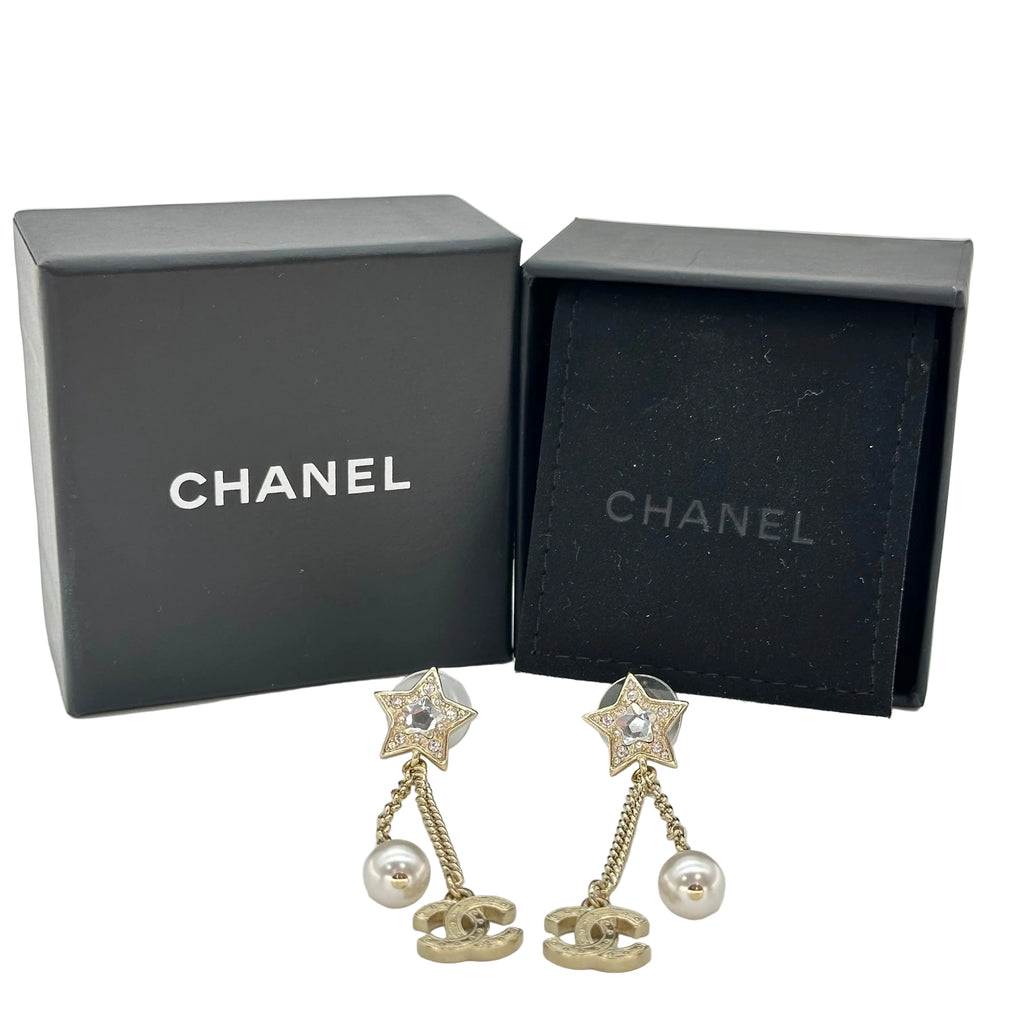 Chanel Star Rhinestone Tassel Stud Earrings with Double CC Logo Gold