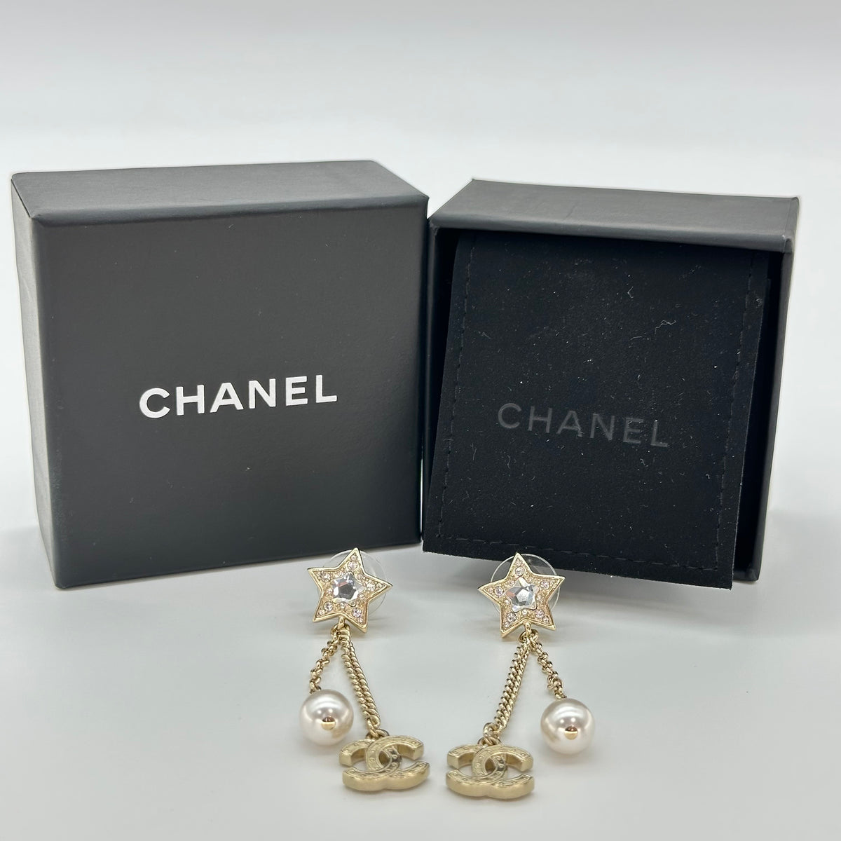 Chanel Star Rhinestone Tassel Stud Earrings with Double CC Logo Gold