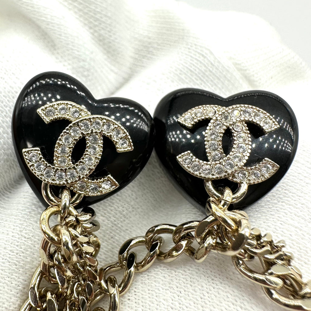 Chanel Black Heart Rhinestone Double CC Tassel Chain Pearl Stud Earrings
