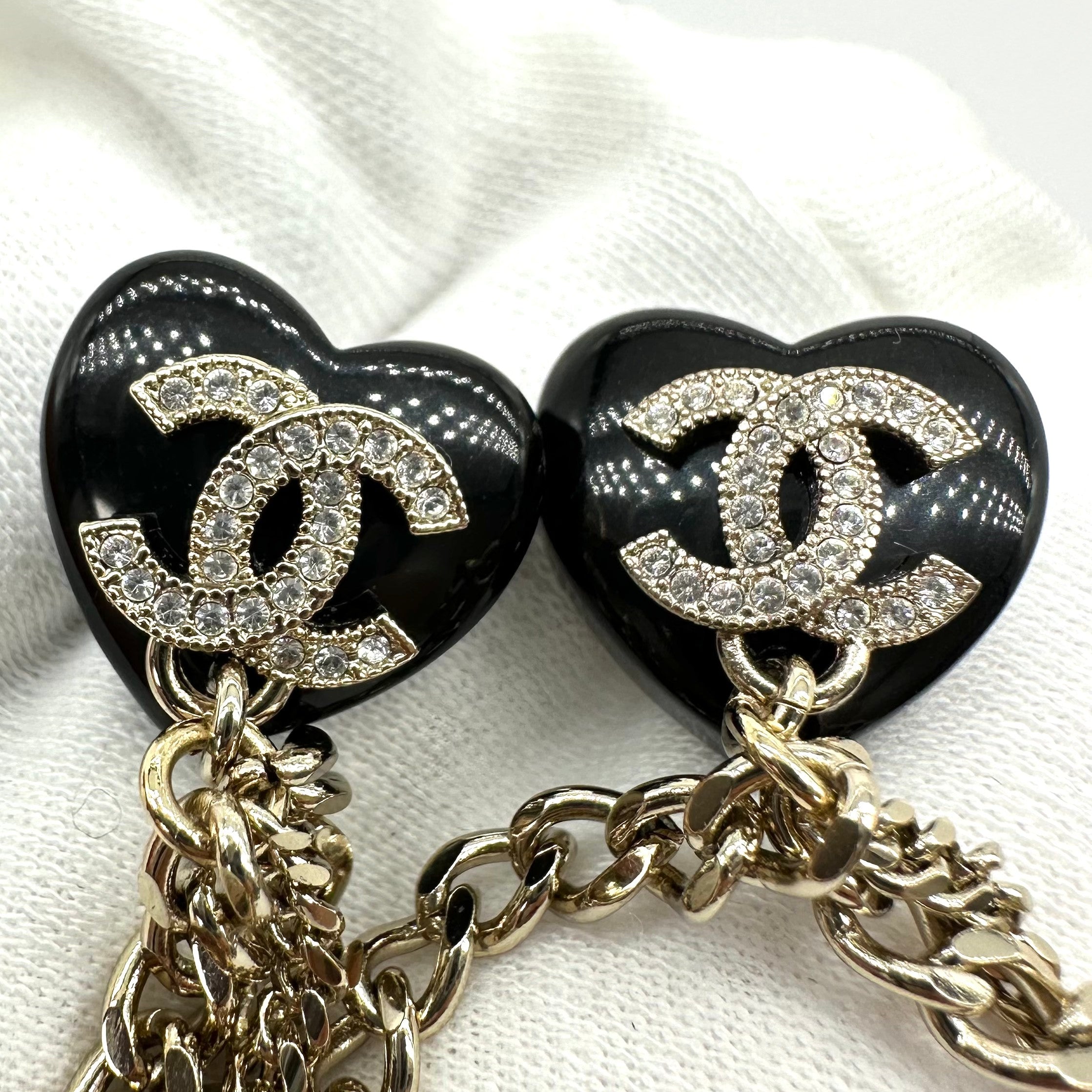 Chanel Black Heart Rhinestone Double CC Tassel Chain Pearl Stud Earrings