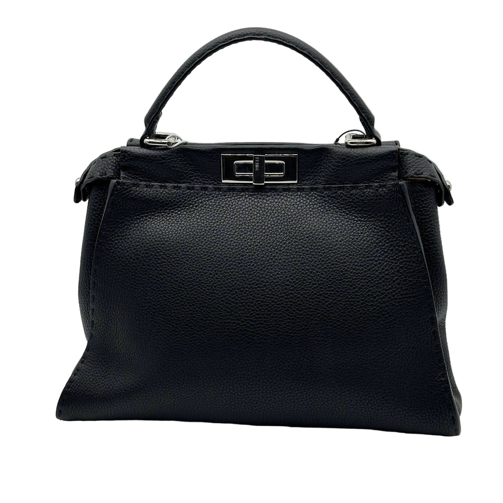 Fendi Peekaboo Regular Size Selleria Calfskin Leather 2WAY Handbag Shoulder Bag Black
