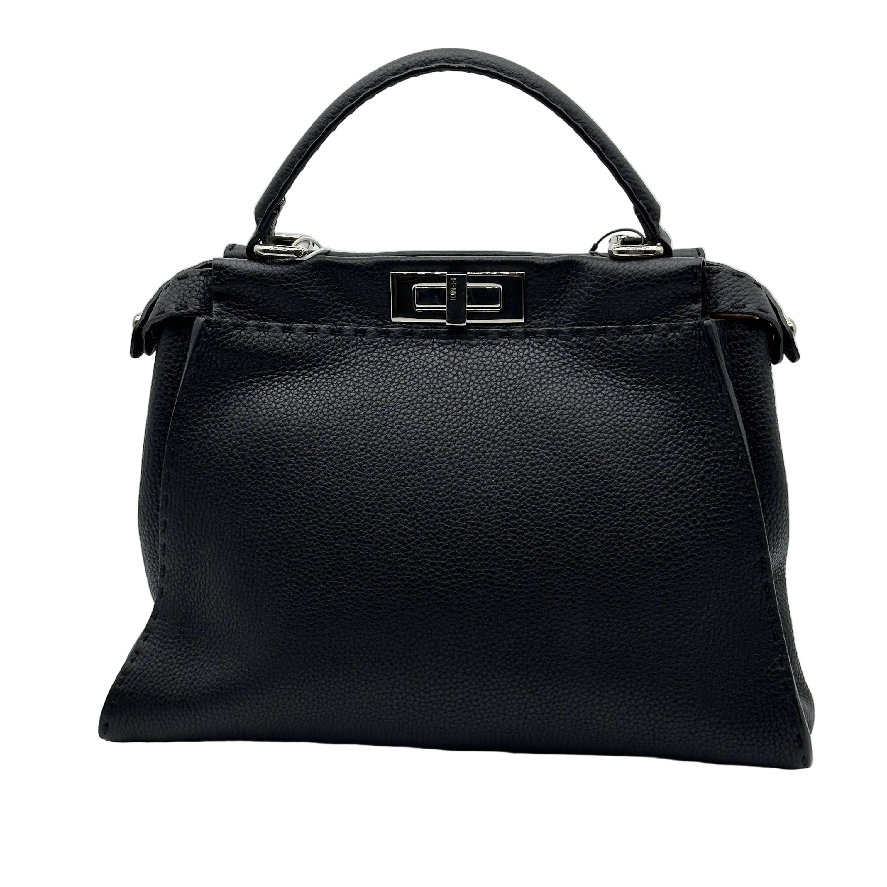 Fendi Peekaboo Regular Size Selleria Calfskin Leather 2WAY Handbag Shoulder Bag Black