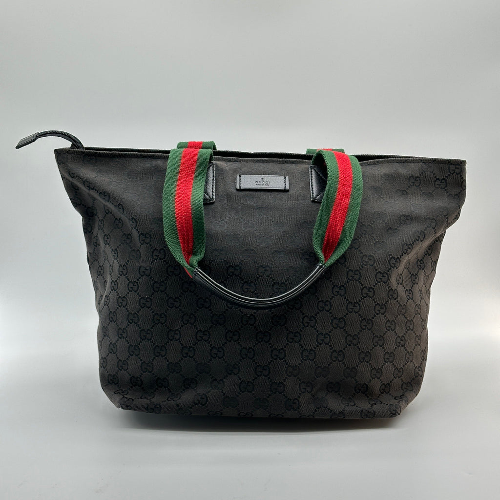 Gucci GG Canvas Leather Black Web Stripe Tote Bag